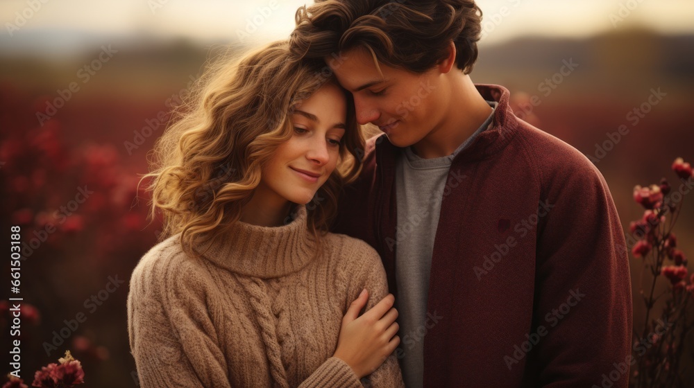 a couple in love against the backdrop of an autumn field a couple in love against the backdrop of an autumn field