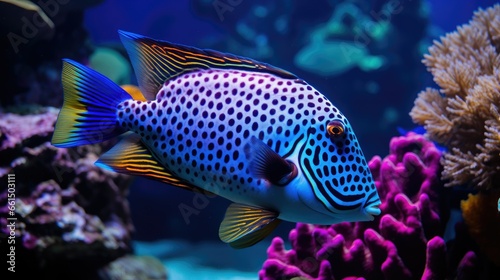 Clown trigger fish with coral reef, colorful underwater