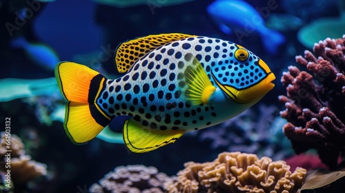 Clown trigger fish with coral reef, colorful underwater
