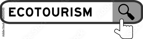 Search banner in word ecotourism with hand over magnifier icon on white background