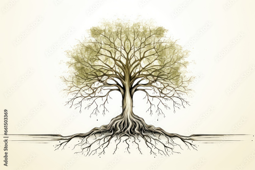 Tree with deep roots - Sustainability Symbolism - Illustration - AI Generated - obrazy, fototapety, plakaty 