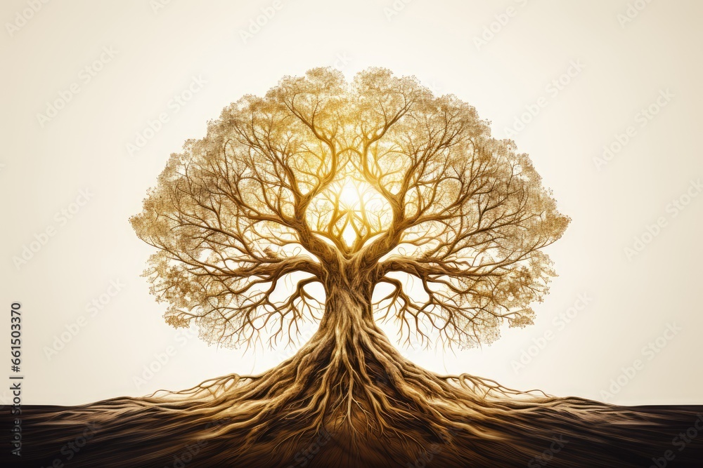 Tree with deep roots - Sustainability Symbolism - Illustration - AI Generated - obrazy, fototapety, plakaty 