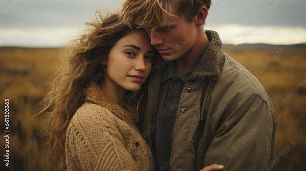 a warm portrait of a couple in love in gray fall a warm portrait of a couple in love in gray fall