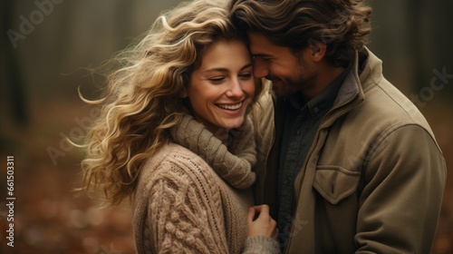 a couple in love against the backdrop of an autumn field © stasknop