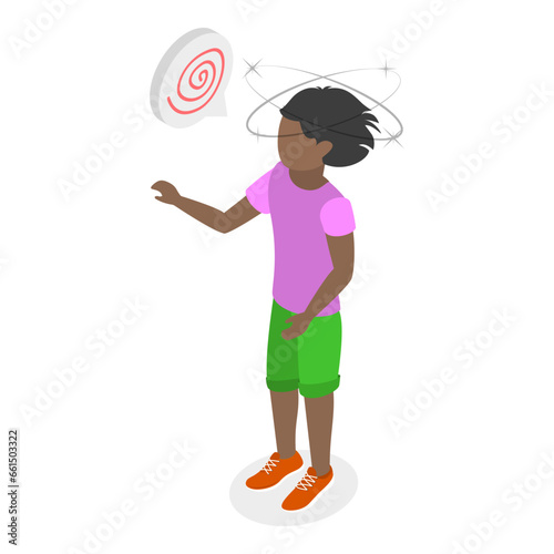 3D Isometric Flat Vector Illustration of Child Dizziness, Kids are Feeling Vertigo or Fainting. Item 2