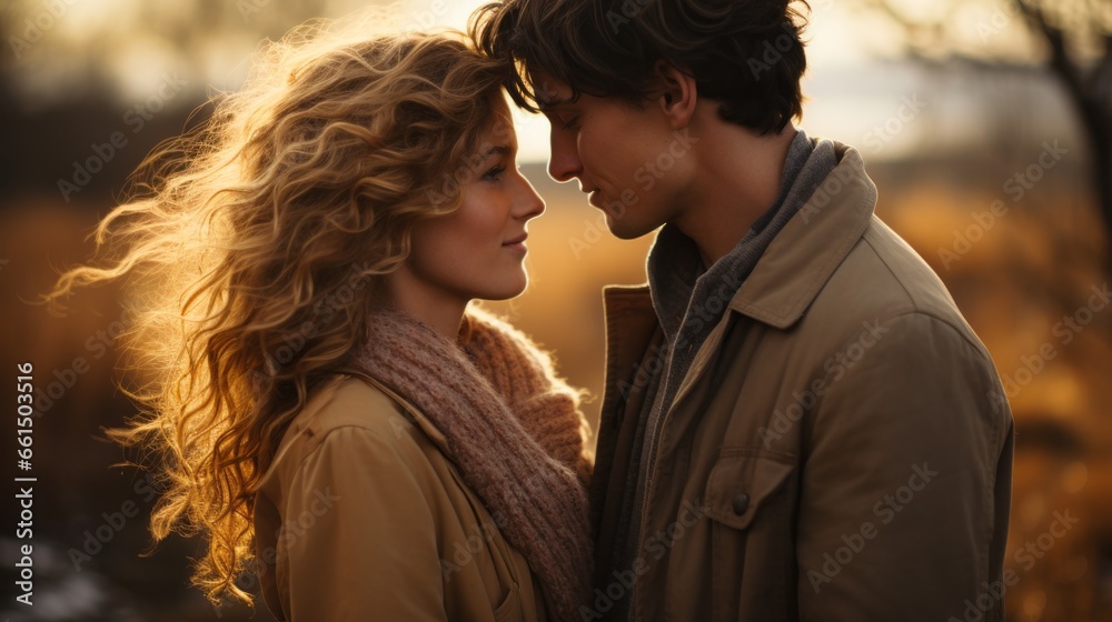 a warm portrait of a couple in love in gray fall a warm portrait of a couple in love in gray fall