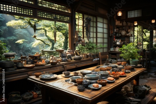 traditional Japanese kitchen with low wooden tables and sliding paper screens
