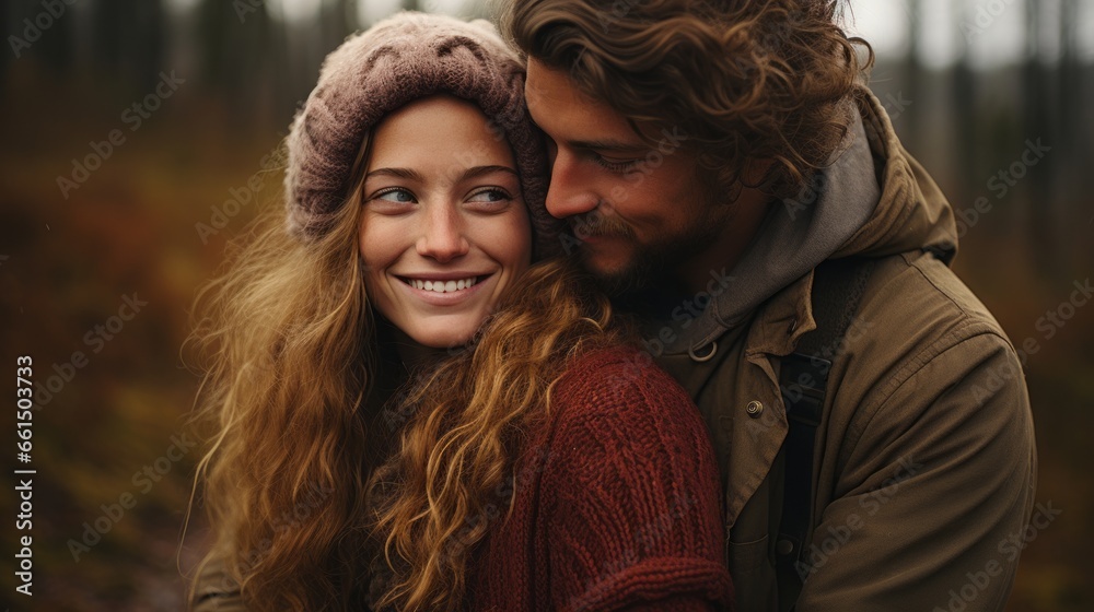 a warm portrait of a couple in love in gray fall a warm portrait of a couple in love in gray fall