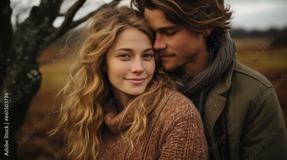 a warm portrait of a couple in love in gray fall a warm portrait of a couple in love in gray fall