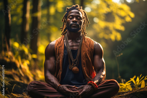 Unity connection with yourself, meditating for inner peace zen and balance, stable mental health concept. Adult mature afro-american man male monk practicing breathing yoga pranayama.  © Valeriia