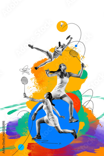 Young girl, professional badminton player hitting shuttlecock with racket over colorful background. Creative art collage. Concept of professional sport, competition and match, dynamics. Poster, ad