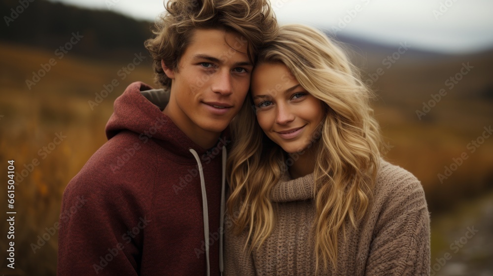 Obraz premium a couple in love in sweaters snuggling up together.