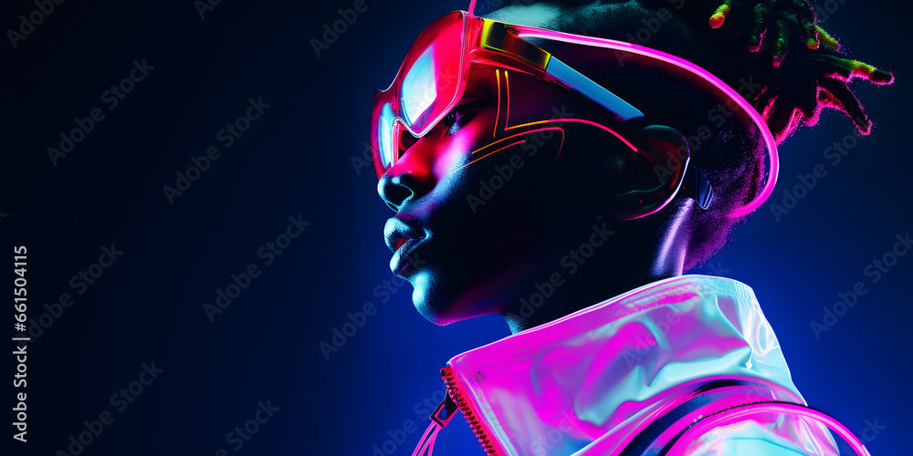 Portrait of Fashion African man with neon costume and glasses in style of retro futurism, colorful bright cool look Portrait of Fashion African man with neon costume and glasses in style of retro futurism, colorful bright cool look