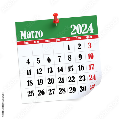 March Calendar 2024 in Italian Language. Isolated on White Background. 3D Illustration