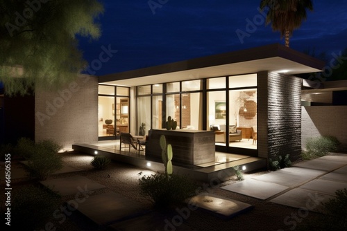 An up-to-date residence featuring a yard and outdoor seating area is visible during the night. Generative AI