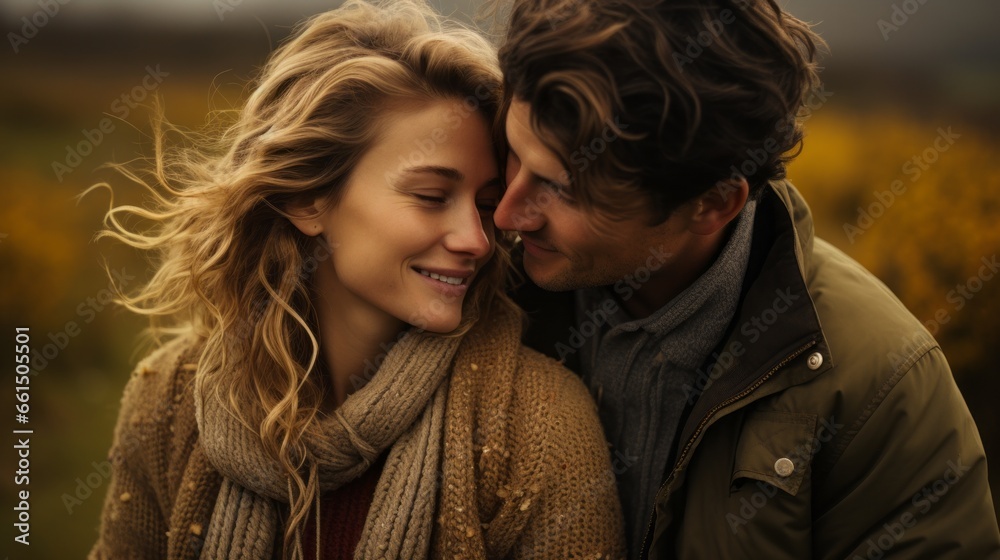 a couple in love standing in sweaters in an autumn field a couple in love standing in sweaters in an autumn field