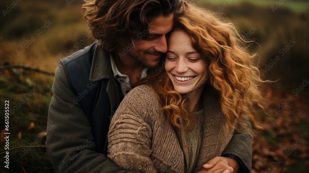 Fototapeta premium a couple in love standing in sweaters in an autumn field