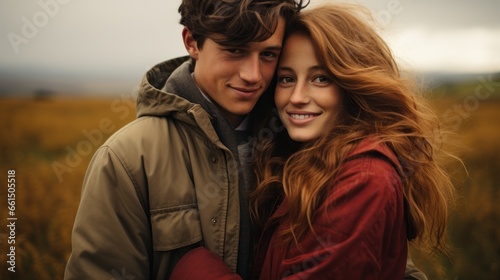 a couple in love standing in sweaters in an autumn field