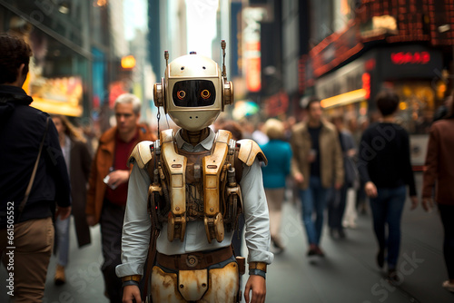 Humanoid cyborg metal human-like robot machine walking down the city street among the people. Futuristic innovation digital world artificial intelligence technology concept
