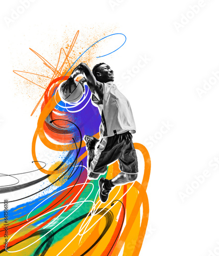 Young african man, basketball player during game, throwing ball into basket over colorful background. Creative art collage. Concept of professional sport, competition and match, dynamics. Poster, ad