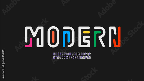 Playful font art alphabet from multi-colored lines, game style letters and numbers, vector illustration 10EPS