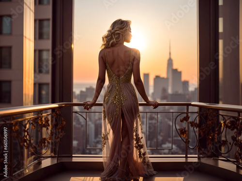 Successful blonde woman standing on the balcony and looking at the New York city scyscrapers and sunset. Luxury, rich business woman in the evening dress enjoying life.