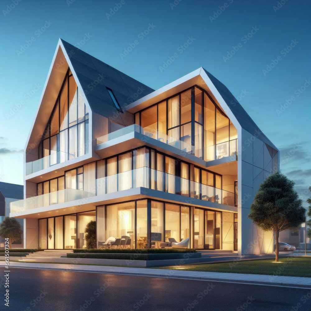 Modern residential suburban building A-frame architecture, a luminous triangular house with large windows