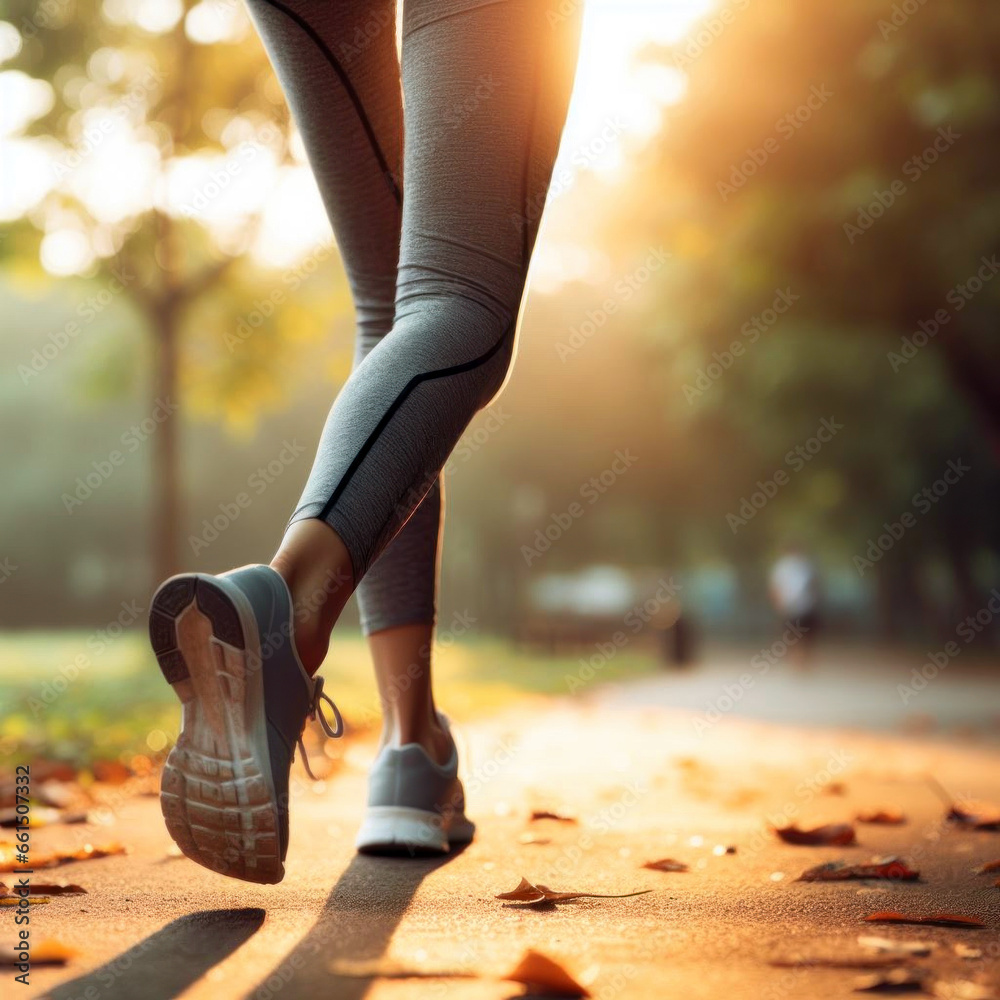 Closeup of legs of a female runner jogging in a park on an autumn afternoon Closeup of legs of a female runner jogging in a park on an autumn afternoon