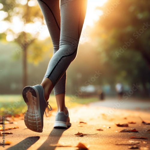 Closeup of legs of a female runner jogging in a park on an autumn afternoon