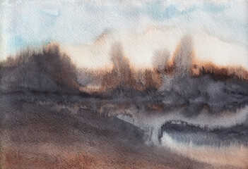 Fotobehang Cappuccinokleur Abstract dark modern watercolor landscape art. Blue and brown grey sky and indigo landscape. Impressionist illustration of storm , explosion, psychedelic experience or depression  © Asymme3