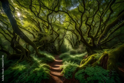 Amidst the heart of a mystical enchanted forest ancient trees with gnarled branches stretch towards the heavens © Liam