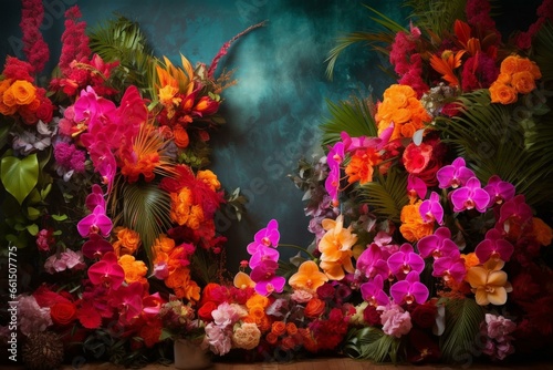 Vibrant exotic blooms create a stunning artistic backdrop. Generative AI © Elara