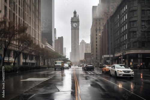 a vehicle moves along a wet urban street amidst skyscrapers and a distant clock tower on a rainy day in the urban landscape. Generative AI