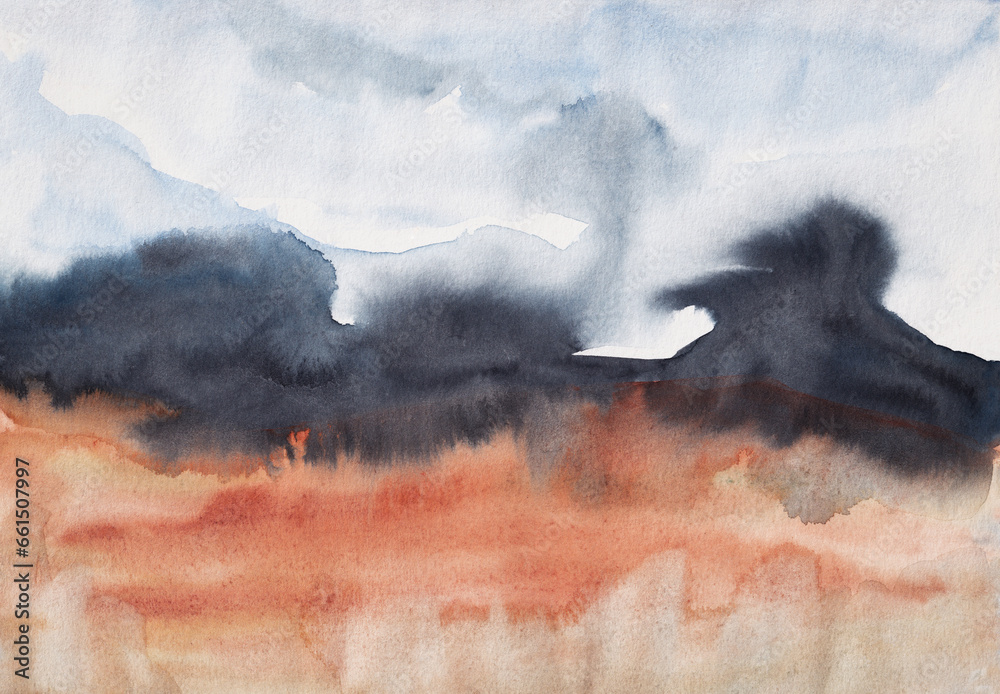 Abstract dark modern watercolor landscape art. Blue and brown grey sky and indigo landscape. Impressionist illustration of storm , explosion, psychedelic experience or depression - obrazy, fototapety, plakaty 