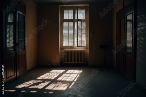 Shadows of a bright window in a vacant room. Simplistic backdrop. Generative AI