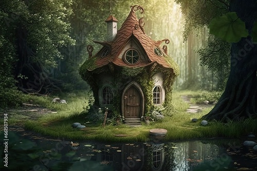 Cute gnome house in a clearing in the forest. AI generated