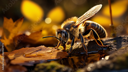 Close up portrait of a bee in autumn forest floor, macro photography of a innocent little insect © amila