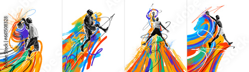 Canvas Print Dynamic image of young african men, basketball players in motion, throwing ball with hand and win