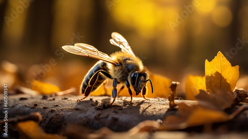 Close up portrait of a bee in autumn forest floor, macro photography of a innocent little insect photo