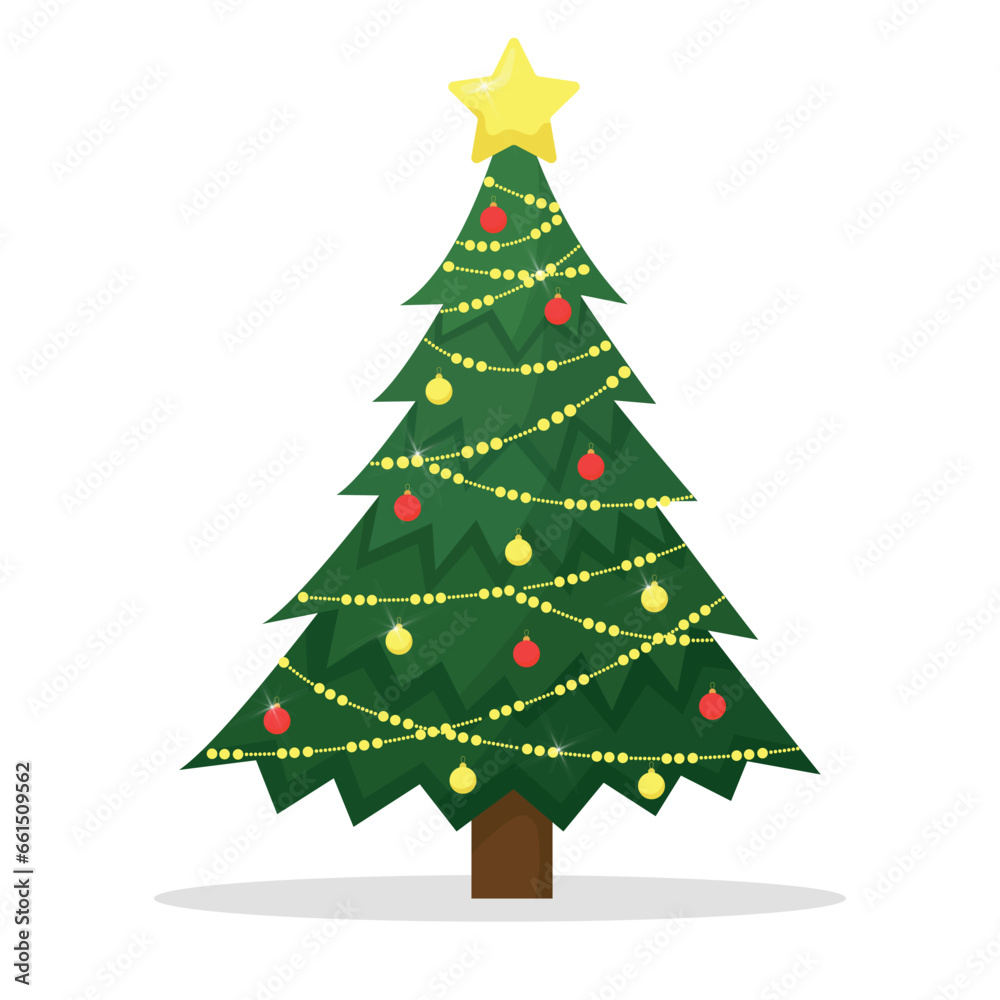 Christmas tree decorated with star, balls and lights. Vector illustration isolated on white background. Christmas tree decorated with star, balls and lights. Vector illustration isolated on white background.