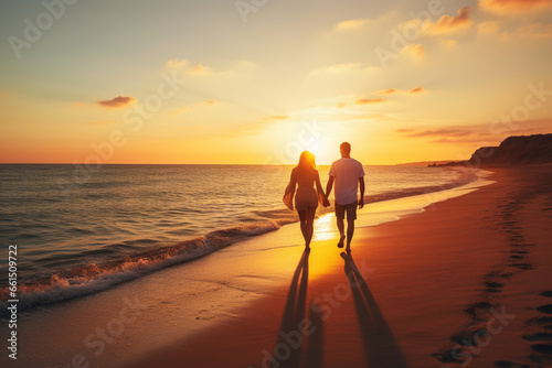 young couple walking along the beach. generative ai