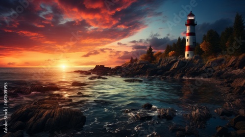 Coastal tour: Lighthouse of Protection at sunset. A coastal tower provides safety and protection at sunset.
