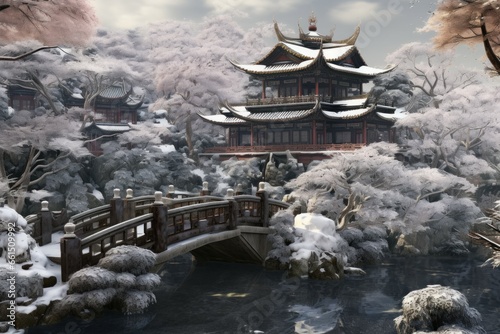Traditional China house winter yard. Temple travel. Generate Ai photo