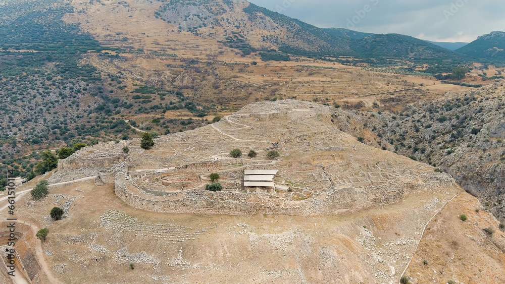 Mycenae, Greece. Excavation site: Greek settlement of the 12th century BC. e. with the ruins of the acropolis, palace and tombs, Aerial View
