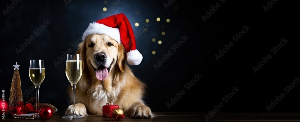 The dog is wearing a Santa hat and sitting next to a glass of champagne.