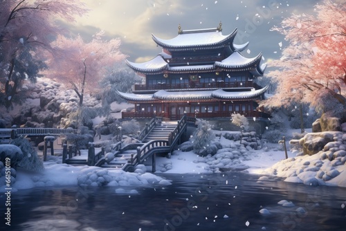 Frosty China house winter yard. Temple travel. Generate Ai