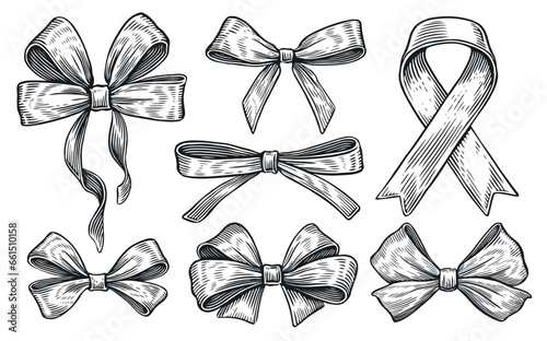 Gift set of bows. Silk ribbons with bows, holiday decor for holiday packaging and design. Sketch vintage vector