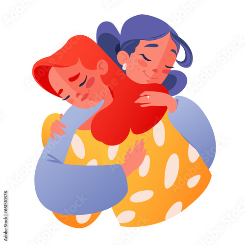 Hugs. Two girls, best friends, sisters or partners embrace each other warmly. Concept of mutual support, mutual help in difficult moments of life or on contrary desire to share positive emotion.