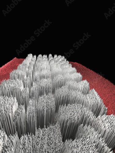 3D exploding surface view white and vivid red on a black background futuristic sci-fi design