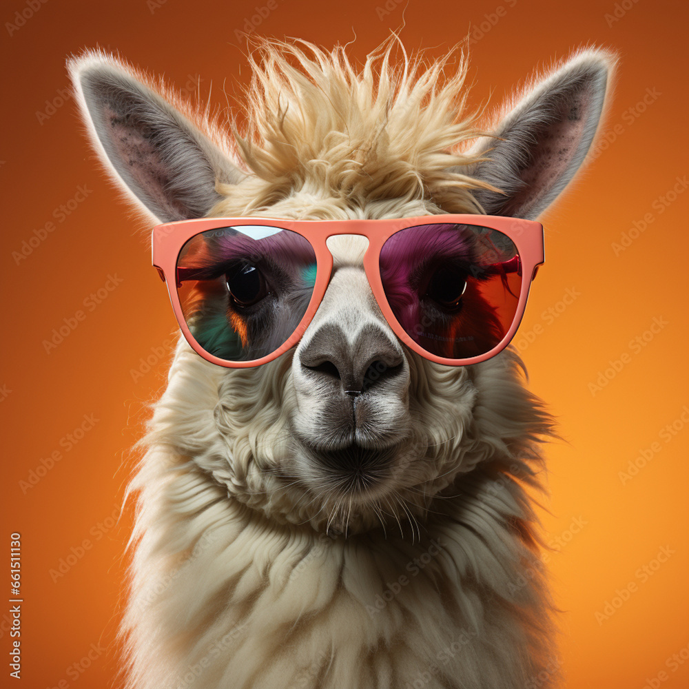 Creative animal concept. A llama wearing sunglasses isolated on a monochrome pastel background, Generative AI